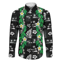 Aloha Hawaii Tuberose Lei Family Matching Off Shoulder Short Dress and Hawaiian Shirt Tropical Vibes Black Color LT14 Dad's Shirt - Long Sleeve Black - Polynesian Pride