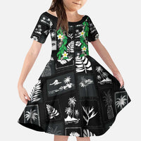 Aloha Hawaii Tuberose Lei Family Matching Short Sleeve Bodycon Dress and Hawaiian Shirt Tropical Vibes Black Color LT14 Daughter's Dress Black - Polynesian Pride
