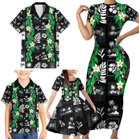 Aloha Hawaii Tuberose Lei Family Matching Short Sleeve Bodycon Dress and Hawaiian Shirt Tropical Vibes Black Color - Polynesian Pride
