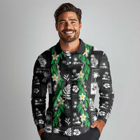 Aloha Hawaii Tuberose Lei Long Sleeve Polo Shirt Tropical Vibes Black Color - Polynesian Pride