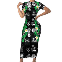Aloha Hawaii Tuberose Lei Short Sleeve Bodycon Dress Tropical Vibes Black Color LT14 Long Dress Black - Polynesian Pride