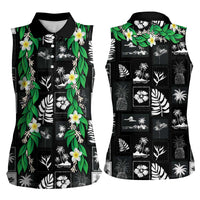 Aloha Hawaii Tuberose Lei Women Sleeveless Polo Shirt Tropical Vibes Black Color - Polynesian Pride