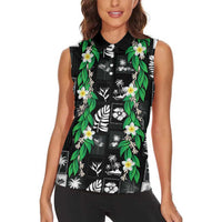 Aloha Hawaii Tuberose Lei Women Sleeveless Polo Shirt Tropical Vibes Black Color - Polynesian Pride