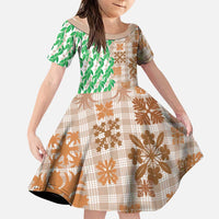 Aloha Hawaii Palaka Tuberose Lei Family Matching Off Shoulder Short Dress and Hawaiian Shirt Hawaiian Quilt Seamless Style LT14 Daughter's Dress Beige - Polynesian Pride
