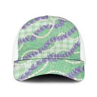 Pastel Green Hawaii Palaka Honohono Pikake Baseball Net Cap Hawaiian Orchid Lei Polynesian Pattern - Polynesian Pride