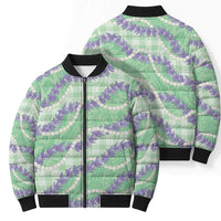 Pastel Green Hawaii Palaka Honohono Pikake Bomber Puffer Jacket Hawaiian Orchid Lei Polynesian Pattern - Polynesian Pride