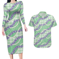 Pastel Green Hawaii Palaka Honohono Pikake Couples Matching Long Sleeve Bodycon Dress and Hawaiian Shirt Hawaiian Orchid Lei Polynesian Pattern - Polynesian Pride