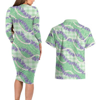 Pastel Green Hawaii Palaka Honohono Pikake Couples Matching Long Sleeve Bodycon Dress and Hawaiian Shirt Hawaiian Orchid Lei Polynesian Pattern - Polynesian Pride