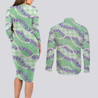 Pastel Green Hawaii Palaka Honohono Pikake Couples Matching Long Sleeve Bodycon Dress and Long Sleeve Button Shirt Hawaiian Orchid Lei Polynesian Pattern - Polynesian Pride