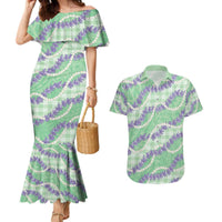 Pastel Green Hawaii Palaka Honohono Pikake Couples Matching Mermaid Dress and Hawaiian Shirt Hawaiian Orchid Lei Polynesian Pattern - Polynesian Pride