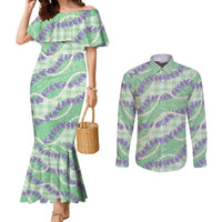 Pastel Green Hawaii Palaka Honohono Pikake Couples Matching Mermaid Dress and Long Sleeve Button Shirt Hawaiian Orchid Lei Polynesian Pattern - Polynesian Pride