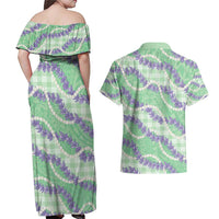 Pastel Green Hawaii Palaka Honohono Pikake Couples Matching Off Shoulder Maxi Dress and Hawaiian Shirt Hawaiian Orchid Lei Polynesian Pattern - Polynesian Pride