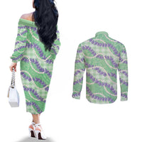 Pastel Green Hawaii Palaka Honohono Pikake Couples Matching Off The Shoulder Long Sleeve Dress and Long Sleeve Button Shirt Hawaiian Orchid Lei Polynesian Pattern - Polynesian Pride