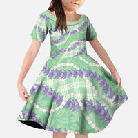 Pastel Green Hawaii Palaka Honohono Pikake Family Matching Off Shoulder Short Dress and Hawaiian Shirt Hawaiian Orchid Lei Polynesian Pattern LT14 Daughter's Dress Pastel Green - Polynesian Pride