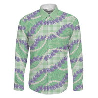 Pastel Green Hawaii Palaka Honohono Pikake Family Matching Off Shoulder Short Dress and Hawaiian Shirt Hawaiian Orchid Lei Polynesian Pattern LT14 Dad's Shirt - Long Sleeve Pastel Green - Polynesian Pride