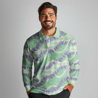 Pastel Green Hawaii Palaka Honohono Pikake Long Sleeve Polo Shirt Hawaiian Orchid Lei Polynesian Pattern - Polynesian Pride