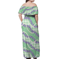 Pastel Green Hawaii Palaka Honohono Pikake Off Shoulder Maxi Dress Hawaiian Orchid Lei Polynesian Pattern - Polynesian Pride