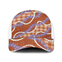 Orange Hawaii Palaka Honohono Pikake Baseball Net Cap Hawaiian Orchid Lei Polynesian Pattern LT14 One Size White Orange - Polynesian Pride