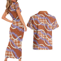 Orange Hawaii Palaka Honohono Pikake Couples Matching Short Sleeve Bodycon Dress and Hawaiian Shirt Hawaiian Orchid Lei Polynesian Pattern - Polynesian Pride