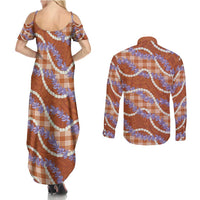 Orange Hawaii Palaka Honohono Pikake Couples Matching Summer Maxi Dress and Long Sleeve Button Shirt Hawaiian Orchid Lei Polynesian Pattern - Polynesian Pride