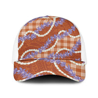 Orange Hawaii Palaka Honohono Pikake Mesh Trucker Cap Hawaiian Orchid Lei Polynesian Pattern LT14 One Size White Orange - Polynesian Pride