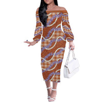 Orange Hawaii Palaka Honohono Pikake Off The Shoulder Long Sleeve Dress Hawaiian Orchid Lei Polynesian Pattern - Polynesian Pride