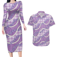 Purple Hawaii Palaka Honohono Pikake Couples Matching Long Sleeve Bodycon Dress and Hawaiian Shirt Hawaiian Orchid Lei Polynesian Pattern - Polynesian Pride