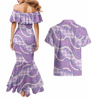 Purple Hawaii Palaka Honohono Pikake Couples Matching Mermaid Dress and Hawaiian Shirt Hawaiian Orchid Lei Polynesian Pattern - Polynesian Pride