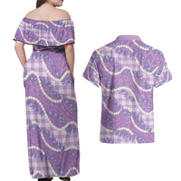 Purple Hawaii Palaka Honohono Pikake Couples Matching Off Shoulder Maxi Dress and Hawaiian Shirt Hawaiian Orchid Lei Polynesian Pattern - Polynesian Pride