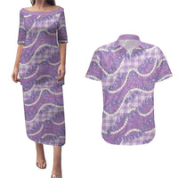 Purple Hawaii Palaka Honohono Pikake Couples Matching Puletasi and Hawaiian Shirt Hawaiian Orchid Lei Polynesian Pattern - Polynesian Pride