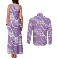 Purple Hawaii Palaka Honohono Pikake Couples Matching Tank Maxi Dress and Long Sleeve Button Shirt Hawaiian Orchid Lei Polynesian Pattern - Polynesian Pride