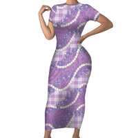 Purple Hawaii Palaka Honohono Pikake Short Sleeve Bodycon Dress Hawaiian Orchid Lei Polynesian Pattern LT14 Long Dress Purple - Polynesian Pride