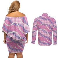 Pink Hawaii Palaka Honohono Pikake Couples Matching Off Shoulder Short Dress and Long Sleeve Button Shirt Hawaiian Orchid Lei Polynesian Pattern - Polynesian Pride