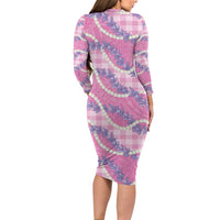 Pink Hawaii Palaka Honohono Pikake Long Sleeve Bodycon Dress Hawaiian Orchid Lei Polynesian Pattern - Polynesian Pride