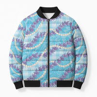 Blue Hawaii Palaka Honohono Pikake Bomber Puffer Jacket Hawaiian Orchid Lei Polynesian Pattern - Polynesian Pride