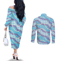 Blue Hawaii Palaka Honohono Pikake Couples Matching Off The Shoulder Long Sleeve Dress and Long Sleeve Button Shirt Hawaiian Orchid Lei Polynesian Pattern - Polynesian Pride