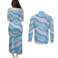 Blue Hawaii Palaka Honohono Pikake Couples Matching Puletasi and Long Sleeve Button Shirt Hawaiian Orchid Lei Polynesian Pattern - Polynesian Pride