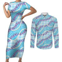 Blue Hawaii Palaka Honohono Pikake Couples Matching Short Sleeve Bodycon Dress and Long Sleeve Button Shirt Hawaiian Orchid Lei Polynesian Pattern - Polynesian Pride