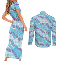 Blue Hawaii Palaka Honohono Pikake Couples Matching Short Sleeve Bodycon Dress and Long Sleeve Button Shirt Hawaiian Orchid Lei Polynesian Pattern - Polynesian Pride