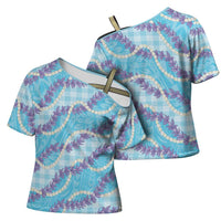 Blue Hawaii Palaka Honohono Pikake Cross Shoulder Shirt Hawaiian Orchid Lei Polynesian Pattern LT14 - Polynesian Pride
