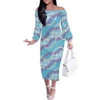 Blue Hawaii Palaka Honohono Pikake Family Matching Off The Shoulder Long Sleeve Dress and Hawaiian Shirt Hawaiian Orchid Lei Polynesian Pattern - Polynesian Pride