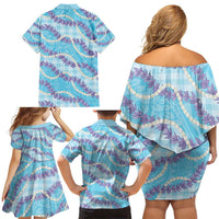 Blue Hawaii Palaka Honohono Pikake Family Matching Off Shoulder Short Dress and Hawaiian Shirt Hawaiian Orchid Lei Polynesian Pattern - Polynesian Pride