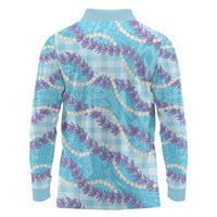 Blue Hawaii Palaka Honohono Pikake Long Sleeve Polo Shirt Hawaiian Orchid Lei Polynesian Pattern - Polynesian Pride