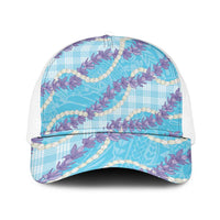 Blue Hawaii Palaka Honohono Pikake Mesh Trucker Cap Hawaiian Orchid Lei Polynesian Pattern - Polynesian Pride