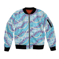 Blue Hawaii Palaka Honohono Pikake Sleeve Zip Bomber Jacket Hawaiian Orchid Lei Polynesian Pattern - Polynesian Pride