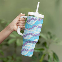Blue Hawaii Palaka Honohono Pikake Tumbler With Handle Hawaiian Orchid Lei Polynesian Pattern - Polynesian Pride