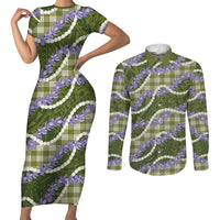 Green Hawaii Palaka Honohono Pikake Couples Matching Short Sleeve Bodycon Dress and Long Sleeve Button Shirt Hawaiian Orchid Lei Polynesian Pattern - Polynesian Pride
