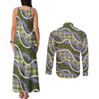 Green Hawaii Palaka Honohono Pikake Couples Matching Tank Maxi Dress and Long Sleeve Button Shirt Hawaiian Orchid Lei Polynesian Pattern - Polynesian Pride