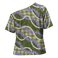 Green Hawaii Palaka Honohono Pikake Cross Shoulder Shirt Hawaiian Orchid Lei Polynesian Pattern - Polynesian Pride