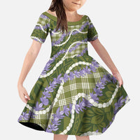 Green Hawaii Palaka Honohono Pikake Family Matching Off The Shoulder Long Sleeve Dress and Hawaiian Shirt Hawaiian Orchid Lei Polynesian Pattern LT14 Daughter's Dress Green - Polynesian Pride